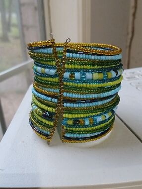 Avalaya WideHandcrafted Blue & Green Glass Seed Bead Cuff Bracelet, Med. Sz